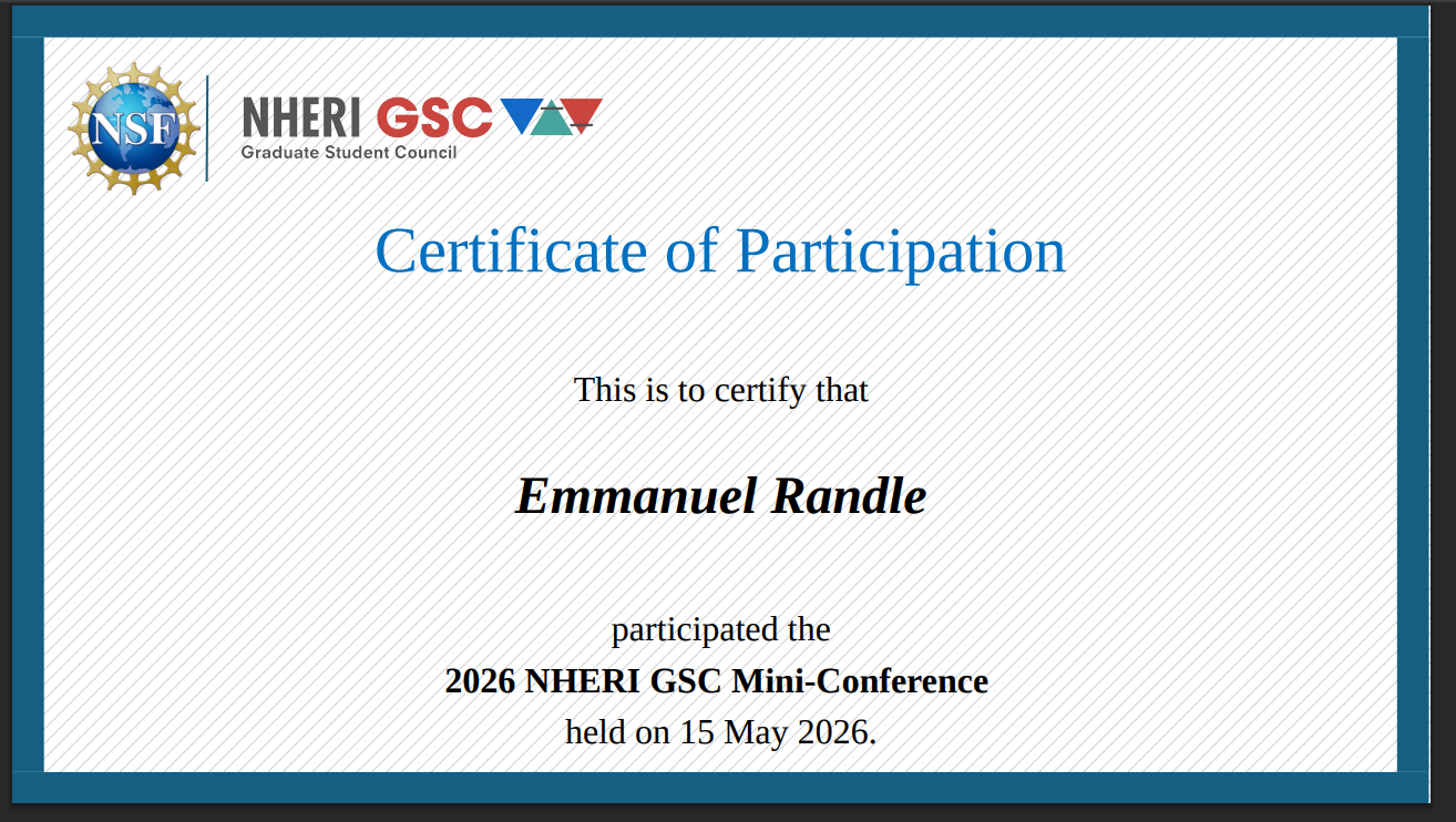 NHERI GSC Mini-Conference certificate of participation for Emmanuel Randle